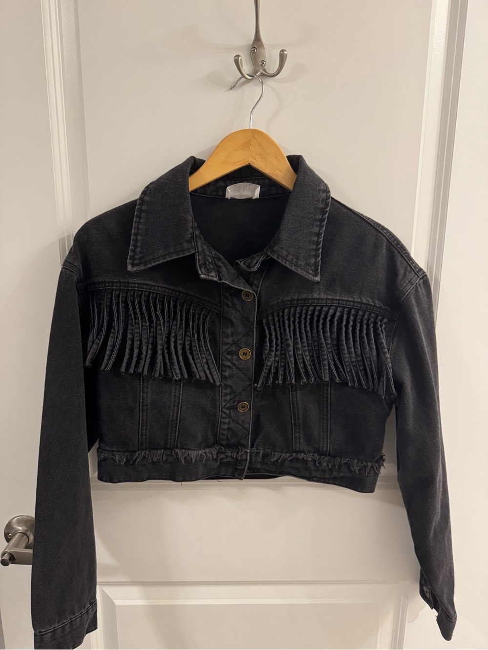 WESTERN Cropped Black Fringe Denim Jacket - Women